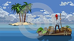 Cartoon man swims on a boat with treasures by the sea past the island