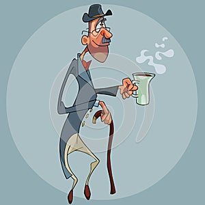 Cartoon man in tails and with a cane with a mug in his hand