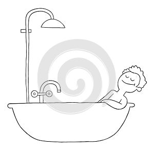 Cartoon man takes a bath in the tub and is very happy, vector illustration