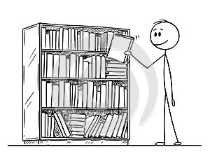 Cartoon of Man Taking Book From the Bookcase.