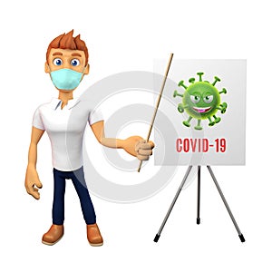 3D Cartoon Character with a Mask Showing Whiteboard with Coronavirus