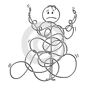 Cartoon of Man or Technician Tangled in Cord, Line or Cable