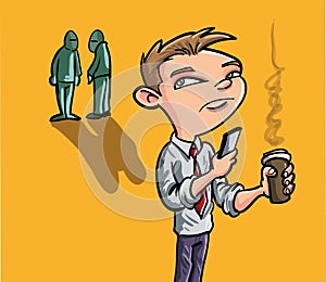 Cartoon man texting on smartphone