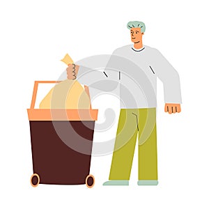 Cartoon man throwing clean trash bag in garbage container