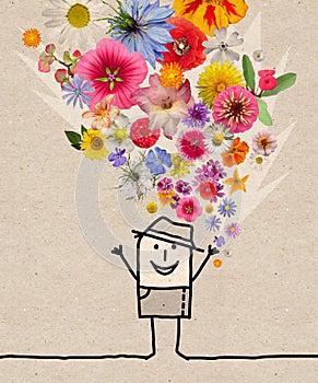 Cartoon Man Throwing Up a Colorful Flowers Set