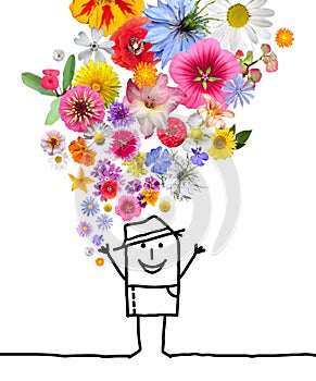 Cartoon Man Throwing Up a Colorful Flowers Set photo