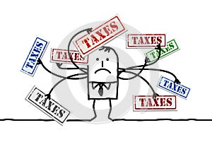 Cartoon man with Too Many Taxes