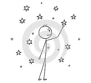 Cartoon of Man Touching Stars on the Sky