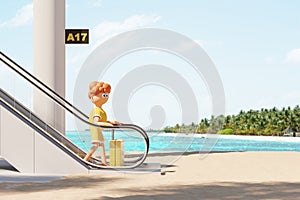 Cartoon man tourist with suitcase on escalator on beach