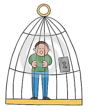 Cartoon man trapped in a cage, vector illustration