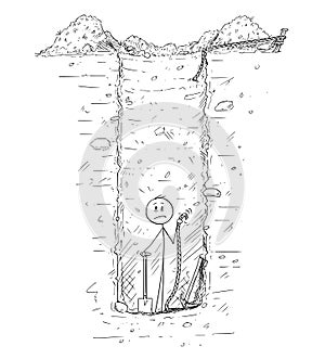 Cartoon of Man Trapped Inside Deep Hole or Water Well He Dig in the Ground