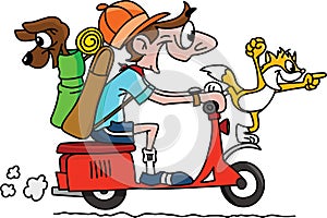 Cartoon man traveling on a motorcycle with his dog and cat vector