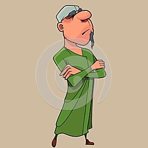 Cartoon man in a tunic and a hat stands with his arms crossed on his chest