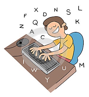 Cartoon man typing with ten fingers on the keyboard, vector illustration