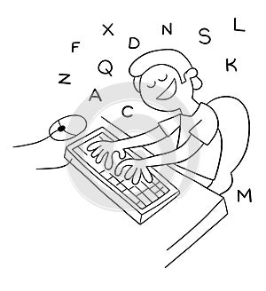 Cartoon man typing with ten fingers on the keyboard, vector illustration