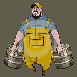 Cartoon man in uniform dragging metal kegs in each hand