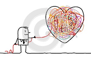 Cartoon Man Untangling a Big Doodle Heart