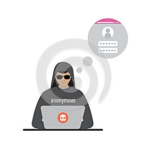Cartoon man using laptop. Hacker at work, anonymous attacking computer network. Data protection concept. Spamming, virus attack