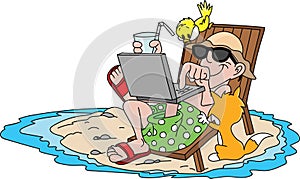 Cartoon man on vacation, lying on beach chair checking his mails with his laptop and drinking cold water vector