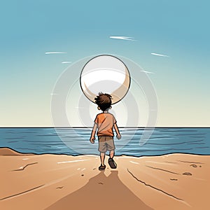 Cartoon Man Walking On Beach With Moon: Comic Book Art Style