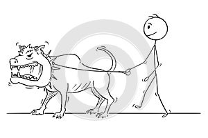 Cartoon of Man Walking With Beast Monster Dangerous Big Dog