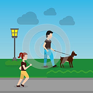 Cartoon man walking with their dog in the park and woman running