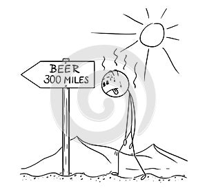 Cartoon of Man Walking Thirsty Through Desert and Found Sign Beer 300 Miles or Kilometers