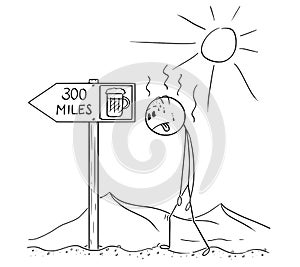 Cartoon of Man Walking Thirsty Through Desert and Found Sign Beer 300 Miles or Kilometers