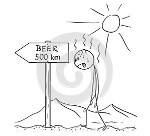 Cartoon of Man Walking Thirsty Through Desert and Found Sign Beer 500 km or Kilometers