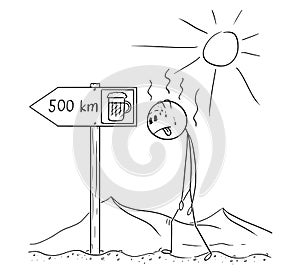 Cartoon of Man Walking Thirsty Through Desert and Found Sign Beer 500 km or Kilometers