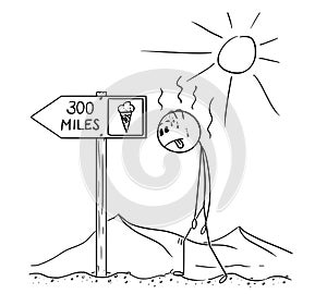 Cartoon of Man Walking Thirsty Through Desert and Found Sign Ice Cream 300 Miles