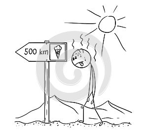 Cartoon of Man Walking Thirsty Through Desert and Found Sign Ice Cream 500 km or Kilometers