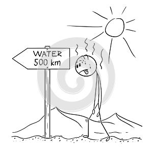 Cartoon of Man Walking Thirsty Through Desert and Found Sign Water 500 km or Kilometers