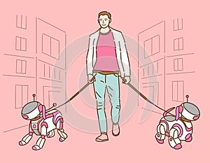 Cartoon man walking with two robot-dog in city landscape