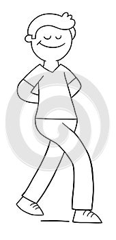 Cartoon man walks happy with eyes closed, hands behind, vector illustration