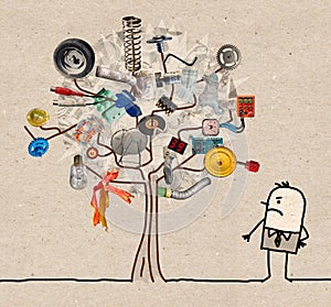 Cartoon Man Watching a Garbage Tree