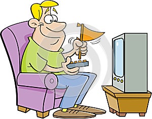 Cartoon man watching television and holding a pennant.