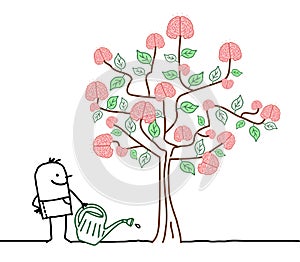 Cartoon Man Watering a big Tree with Brains photo