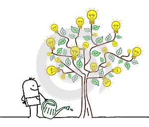 Cartoon Man Watering a big Tree with Light Bulbs