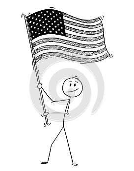Cartoon of Man Waving the Flag of United States of America or USA