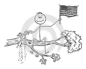Cartoon of Man Waving the Flag of United States of America or USA and Cutting the Tree Branch on Which He Is Sitting