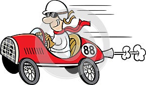 Cartoon man wearing a helmet and goggles driving a race car.