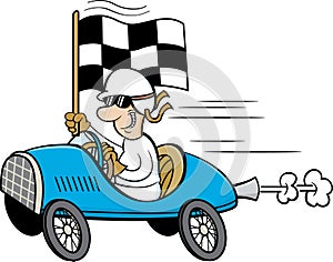 Cartoon man wearing a helmet and goggles driving a race car and waving a checkered flag.
