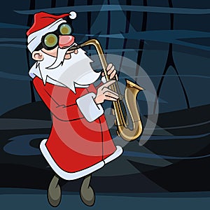 Cartoon man wearing santa claus clothes playing saxophone