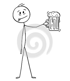 Cartoon of Man Who Likes Beer and Holding Glass Beer Mug or Pint