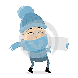 Cartoon man in winter clothes holding empty sign