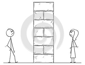 Cartoon of Man and Woman Divided by High Wall Obstacle photo