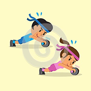 Cartoon man and woman doing ab wheel rollout exercise