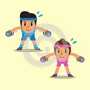 Cartoon man and woman doing dumbbell bent over lateral raise exercise