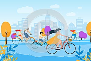 Cartoon Man Woman Family Cycling in City Park